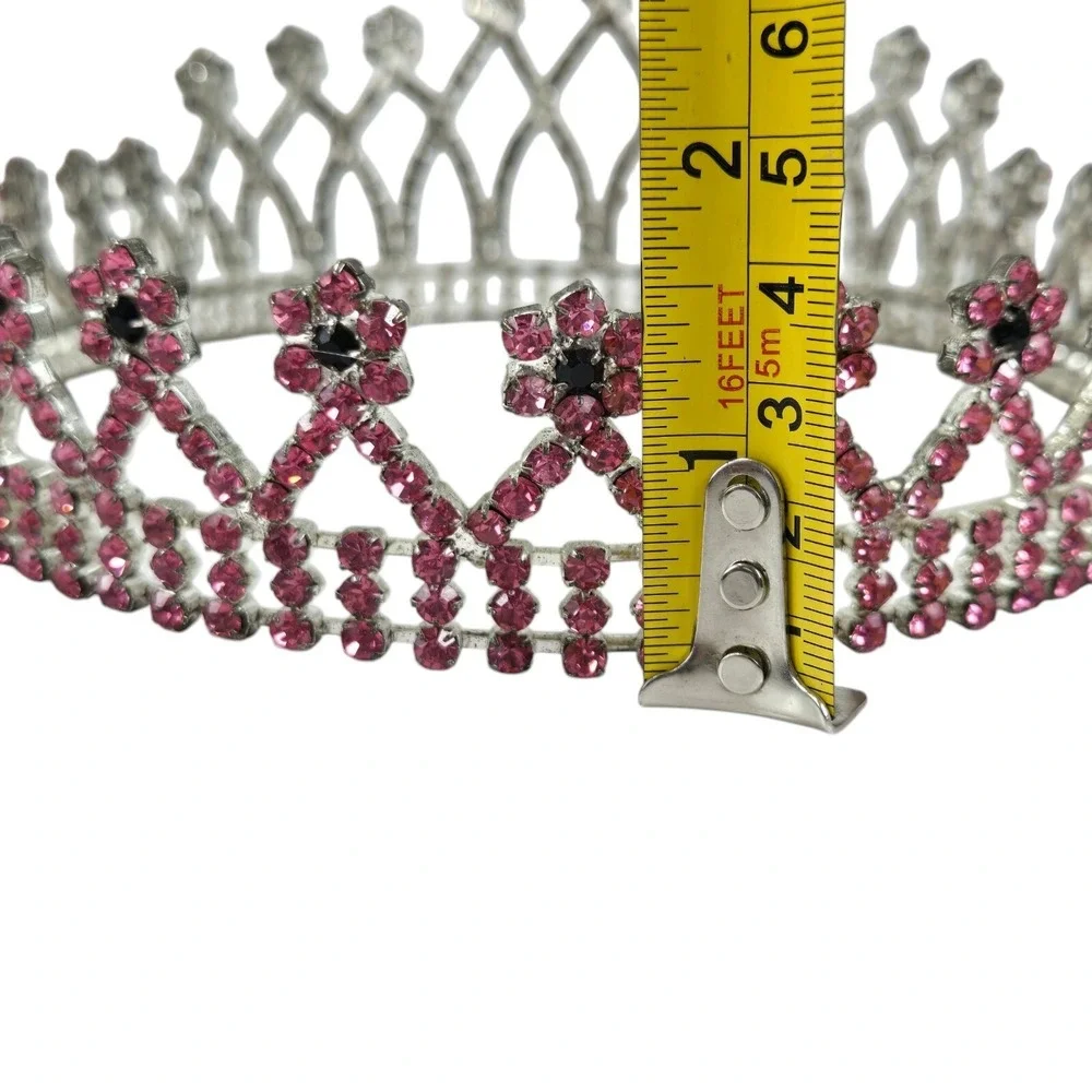 VTG Pink Black Rhinestone Crown Bridal Pageant Princess Cosplay 4 Prong Holders